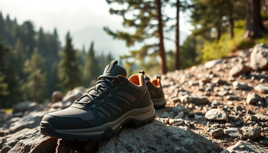 A pair of Land Rover trekking shoes designed for both demanding trails and everyday use, prominently displayed in the foreground. The shoes should feature a rugged, durable design with a mix of dark green and brown colors, showcasing their functionality and style. In the middle ground, a rocky, forested terrain should suggest a hiking environment, with rugged stones and lush greenery. The background should fade into a soft, misty mountain range, suggesting adventure and exploration. Natural sunlight filters through the trees, casting dappled shadows onto the shoes, creating a warm, inviting atmosphere. The image should be well-composed, with a slight upward angle emphasizing the shoes, evoking a sense of readiness and resilience. A pair of Land Rover trekking shoes designed for both demanding trails and everyday use, prominently displayed in the foreground. The shoes should feature a rugged, durable design with a mix of dark green and brown colors, showcasing their functionality and style. In the middle ground, a rocky, forested terrain should suggest a hiking environment, with rugged stones and lush greenery. The background should fade into a soft, misty mountain range, suggesting adventure and exploration. Natural sunlight filters through the trees, casting dappled shadows onto the shoes, creating a warm, inviting atmosphere. The image should be well-composed, with a slight upward angle emphasizing the shoes, evoking a sense of readiness and resilience.