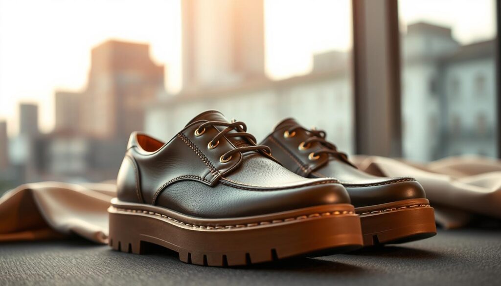 A pair of stylish leather shoes featuring a thick, bold sole adorned with striking details like metallic accents and intricate stitching. The shoes are positioned prominently in the foreground, showcasing their unique texture and high-quality craftsmanship. In the middle ground, soft fabric and elegant accessories complement the footwear, enhancing the overall aesthetic. A blurred cityscape in the background adds a modern urban vibe, hinting at the influence of street fashion. The lighting is warm and inviting, creating a professional yet fashionable atmosphere. Capture the image at a slight angle to emphasize the shoes' details while maintaining a clean, focused composition. The mood is confident and trendy, perfect for showcasing high-fashion footwear. A pair of stylish leather shoes featuring a thick, bold sole adorned with striking details like metallic accents and intricate stitching. The shoes are positioned prominently in the foreground, showcasing their unique texture and high-quality craftsmanship. In the middle ground, soft fabric and elegant accessories complement the footwear, enhancing the overall aesthetic. A blurred cityscape in the background adds a modern urban vibe, hinting at the influence of street fashion. The lighting is warm and inviting, creating a professional yet fashionable atmosphere. Capture the image at a slight angle to emphasize the shoes' details while maintaining a clean, focused composition. The mood is confident and trendy, perfect for showcasing high-fashion footwear.