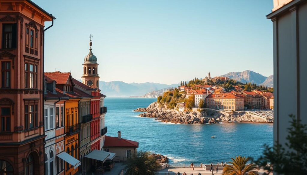 A picturesque view capturing the essence of Kraków and Croatian Dalmacia. In the foreground, vibrant historic buildings with colorful facades reminiscent of Kraków's Old Town, featuring ornate details and lively street scenes. The middle ground showcases a stunning coastal landscape of Dalmacia, complete with gentle waves lapping at rocky shores, and Mediterranean vegetation. The background presents the majestic mountains of Dalmacia under a clear blue sky, blending seamlessly with the horizon. Soft, warm lighting casts a golden hue, evoking a serene, welcoming atmosphere. The composition is framed as if seen through a wide-angle lens, emphasizing the beauty and charm of both regions while maintaining a tranquil mood. The scene reflects cultural richness and scenic splendor, ideal for illustrating the connection between these two beautiful locales.