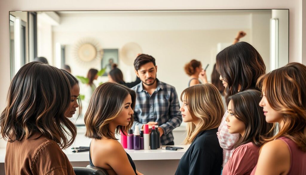 A professional hairstylist showcasing various haircuts suitable for different face shapes in a well-lit salon setting. In the foreground, a diverse group of models with medium-length hair, each displaying distinct hairstyles tailored to their face shapes—oval, round, square, and heart-shaped. The hairstylist stands focused on a client, demonstrating a technique for choosing cuts based on facial features. In the middle ground, styling tools and hair products are artistically arranged on a countertop, emphasizing a salon environment. The background features a large mirror reflecting aesthetic salon decor, creating a warm and inviting atmosphere. The lighting is soft and natural, highlighting the textures of the hair while maintaining a professional vibe. The overall mood is informative and stylish, ideal for a beauty-focused article on haircuts.