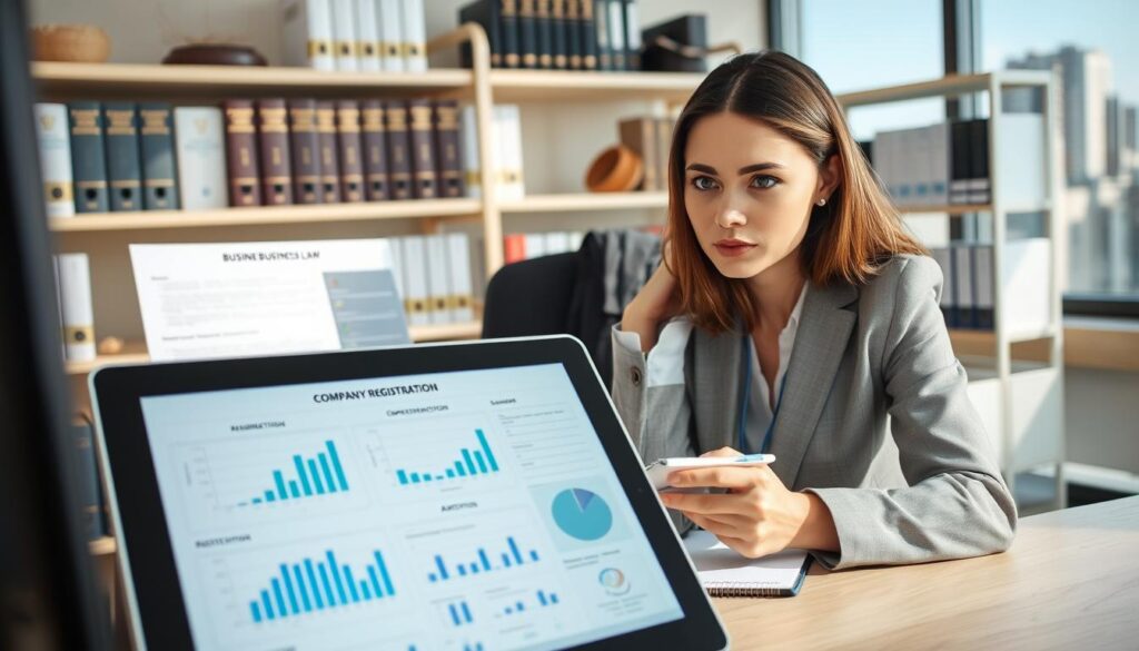 A professional office environment showing a woman in business attire, focused intently on a computer screen displaying various company registration documents and data verification tools. In the foreground, there is a close-up of a digital tablet with graphs and data analytics. The middle layer features the woman, her expression serious yet composed, as she takes notes on a notepad. The background includes shelves filled with books about business law and a window revealing a cityscape. The lighting is bright and natural, emphasizing the professionalism of the setting. Capture this scene from a slightly elevated angle, creating a sense of depth and engagement, conveying a modern and organized atmosphere suitable for a business context.