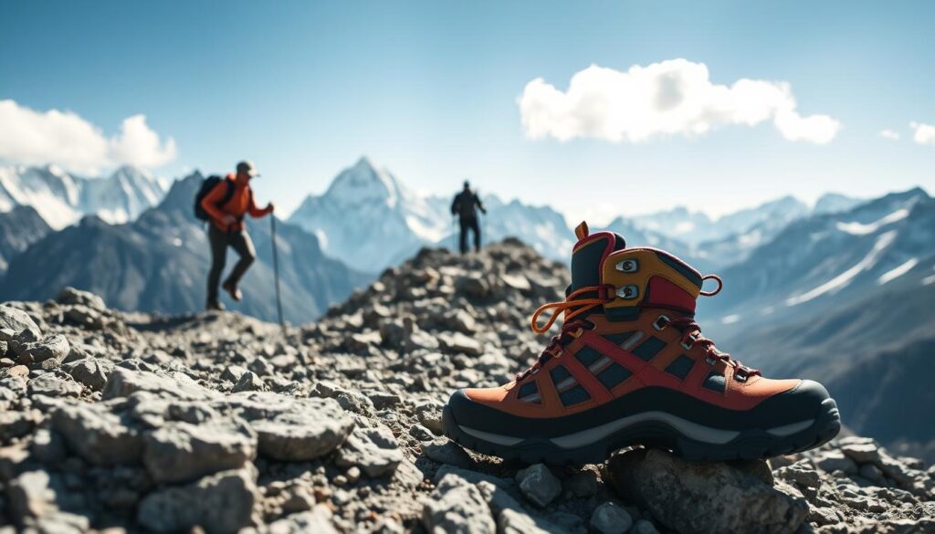 A rugged mountain landscape during a crisp, clear day, highlighting a pair of high-performance Everest hiking boots in the foreground. The boots are adorned with vibrant colors and intricate detailing, resting on rocky terrain. In the middle ground, a hiker in modest outdoor clothing traverses a narrow trail, showcasing the boots in action. Above, dramatic snow-capped peaks rise against a blue sky with a few fluffy clouds, emphasizing the harshness and beauty of mountainous environments. The lighting is bright and natural, casting soft shadows and illuminating the details of the footwear. The atmosphere is adventurous and invigorating, reflecting the spirit of exploration in challenging terrains.