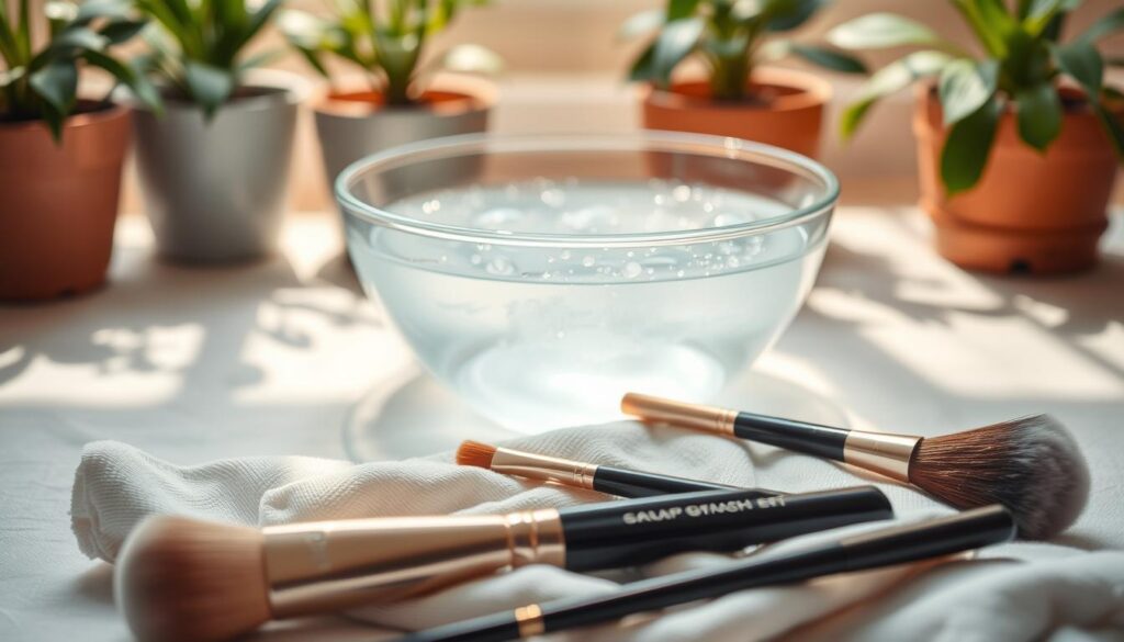 A serene, aesthetically pleasing workspace focused on gentle makeup brush cleaning techniques. In the foreground, a set of high-quality makeup brushes resting on a soft, white cloth with delicate water droplets, suggesting freshness. In the middle ground, a clear bowl filled with soapy water, with gentle bubbles, surrounded by gentle, natural light creating a warm atmosphere. In the background, soft shadows of potted plants to create a calming ambiance. The scene conveys tranquility and care, emphasizing safe and effective cleaning methods for makeup brushes. The lighting is soft and diffused, mimicking a cozy home environment, ideally viewed from a slightly elevated angle to capture the overall arrangement of the cleaning setup.