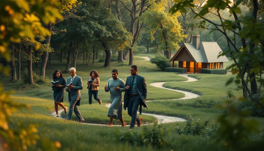 A serene and evocative landscape depicting a diverse group of people representing the "Book People" and "Bieguni," moving gracefully through a lush, green forest. In the foreground, show individuals in professional or modest casual attire, engaged in conversation and holding books, symbolizing knowledge and storytelling. The middle of the scene features winding paths that intertwine, conveying motion and a sense of journey. In the background, a cozy, welcoming house nestled among the trees, with warm light spilling from the windows, suggesting a connection to home and stability. The lighting is soft and golden, reminiscent of early evening, creating a tranquil and contemplative atmosphere that reflects the tension between movement and the comfort of home. The image should have a slightly blurred depth of field effect, drawing focus on the characters while still providing context of the surrounding nature.