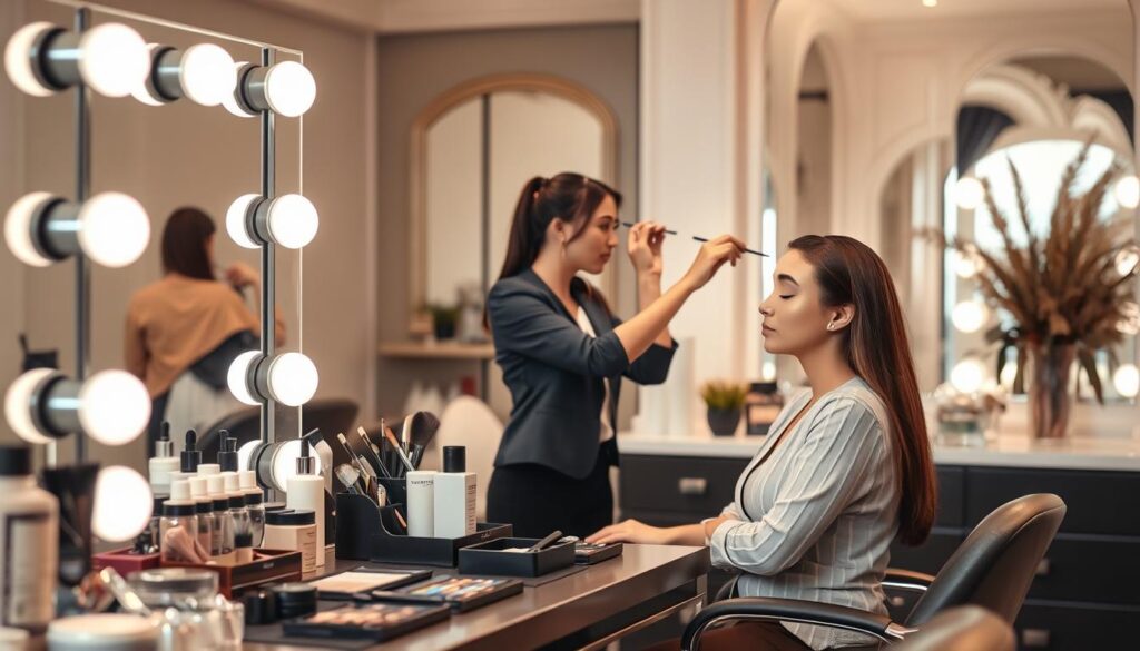 A serene and inviting beauty salon setting, focusing on the preparation for a permanent eyebrow makeup procedure. In the foreground, a well-organized workstation displays professional makeup tools, pigments, and skincare products. A neatly arranged mirror reflects a calm atmosphere, with soft, diffused lighting illuminating the area. In the middle ground, a makeup artist in smart casual attire is seen preparing the client's eyebrows, showcasing an attentive and professional demeanor. The background features elegant decor with soothing color tones, possibly plants or soft fabrics, contributing to a tranquil ambiance. The overall mood is relaxing and focused, emphasizing care and expertise in beauty treatment preparation.