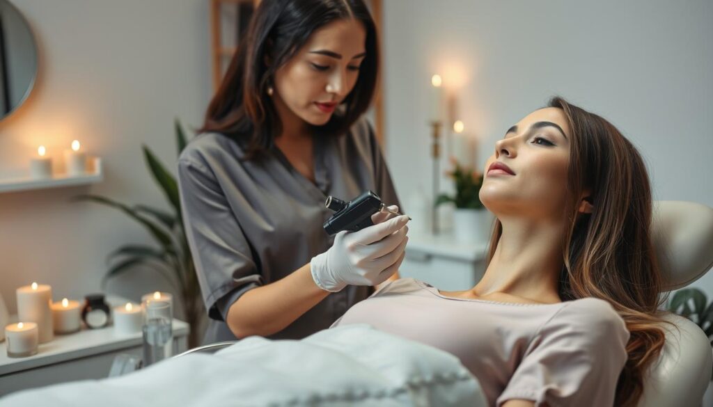 A serene and inviting cosmetic treatment room showcasing a professional aesthetic setting. In the foreground, a female aesthetician in modest professional attire gently holding a tattoo gun, demonstrating a permanent makeup procedure on a patient’s lips, who appears calm and relaxed. The middle ground features a sterile workspace with beauty tools neatly arranged, such as numbing cream, pigments, and hygienic cotton pads. Soft, natural lighting illuminates the scene, creating a warm atmosphere. Aromatic candles and calming plants are subtly positioned in the background, enhancing the soothing environment. The overall mood conveys reassurance and professionalism, focusing on debunking myths about pain and discomfort associated with cosmetic procedures.