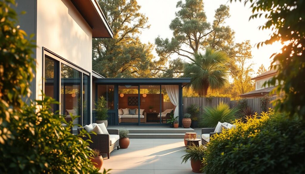 A serene and inviting exterior of a modern home surrounded by lush greenery, set in a tranquil neighborhood. The foreground features a cozy patio with soft furniture and potted plants. In the middle ground, large glass windows reflect the warm afternoon sunlight, hinting at a stylish interior that remains private. The background includes mature trees creating a natural privacy screen, enhancing the peaceful atmosphere. The lighting is soft and golden, capturing the warmth of late afternoon. The scene conveys a sense of calm and seclusion, emphasizing the idea of an artist's refuge. The overall mood is serene and contemplative, inviting viewers to immerse themselves in this peaceful environment without revealing too much of its interior.