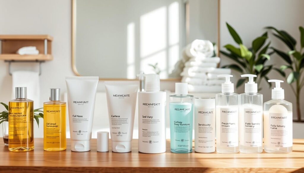 A serene bathroom scene showcasing a selection of makeup removers tailored for different skin types. In the foreground, a wooden countertop displays various elegantly packaged products: oil cleansers, gentle foams, and soothing liquids, all labeled with icons representing skin concerns like dryness, sensitivity, and oiliness. The middle ground features a mirror reflecting a calm ambiance, with soft, natural lighting illuminating the products, casting gentle shadows. In the background, a neatly arranged array of towels and plants adds a touch of freshness, enhancing the tranquil atmosphere. The overall mood is inviting and informative, emphasizing the importance of choosing the right makeup remover to care for your skin.