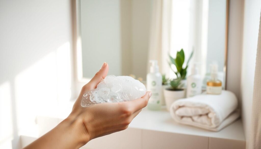 A serene bathroom setting, showcasing a close-up of a person gently cleansing their face with a transparent gel after makeup removal. The foreground features a hand holding a foaming cleansing gel, with bubbles highlighted by soft, diffused natural light. The middle area displays a neatly organized countertop with various skincare products, like gentle toners and moisturizers, elegantly arranged beside a fresh, clean towel. The background incorporates a soft-focus mirror reflecting the tranquil ambiance, with delicate potted plants adding a touch of freshness. The atmosphere is calm and soothing, emphasizing the importance of skin care rituals, with soft, warm lighting creating an inviting atmosphere. The model wears modest, casual attire, and the scene is devoid of any text or watermarks, focusing solely on the cleansing process.