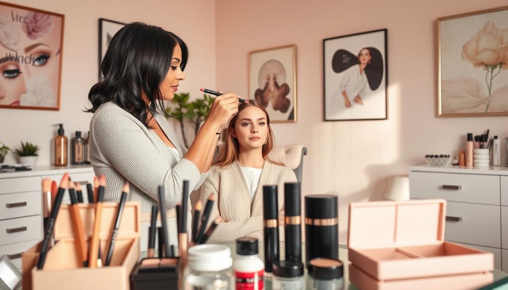A serene beauty studio setting, showcasing a well-organized makeup station. In the foreground, a selection of brow cosmetics like pencils, powders, and gels in elegant packaging, artfully arranged. In the middle, a professional makeup artist in modest casual clothing is demonstrating brow application techniques on a client, who sits in a comfortable chair, looking relaxed. Soft, natural lighting illuminates the scene, highlighting the textures of the products and the artist's focused expressions. The background features pastel-colored walls adorned with beauty-related art, creating an inviting atmosphere. The overall mood is calm and informative, emphasizing the transition back to traditional eyebrow cosmetics after permanent makeup. The angle captures both the artist's movements and the client's facial expressions.
