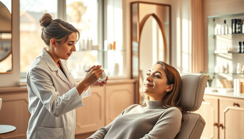 A serene beauty treatment scene focused on eyebrow care during the healing process. In the foreground, a cosmetologist, dressed in a professional white lab coat, gently applies a soothing balm to a client's freshly shaped eyebrows. The client, a woman in modest casual attire, sits comfortably in a chic salon chair, showcasing a calm and relaxed expression. In the middle ground, elegant display shelves filled with skincare products and tools add depth. The background is adorned with soft pastel-colored walls and warm, diffused lighting, creating a soothing atmosphere. The image captures the essence of self-care and recovery, illuminated by natural light streaming through a large window, emphasizing a positive mood conducive to healing.