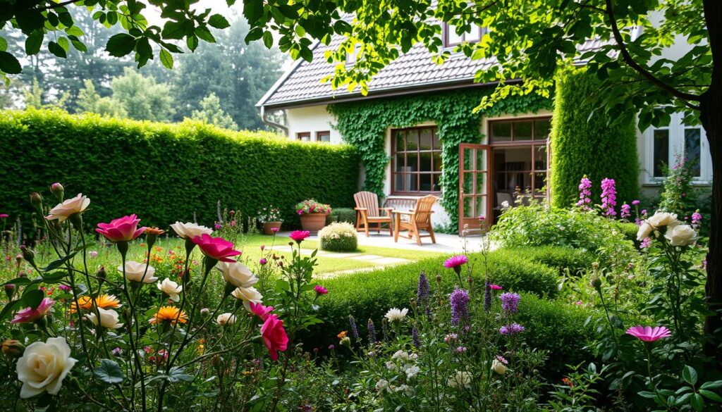 A serene garden surrounding a charming house in Puszczykowo, filled with vibrant flowers and lush greenery. In the foreground, delicate roses and wildflowers bloom profusely, while neatly trimmed hedges provide a structured backdrop. The middle ground features a cozy outdoor seating area with rustic furniture, inviting viewers to imagine a peaceful retreat. In the background, the house, adorned with climbing vines and large windows, harmonizes with nature. Soft morning light filters through the leaves, creating dappled shadows on the ground, adding to the tranquil atmosphere. Capture the scene from a slightly elevated angle to show the garden's layout, conveying a sense of calm and connection to nature.