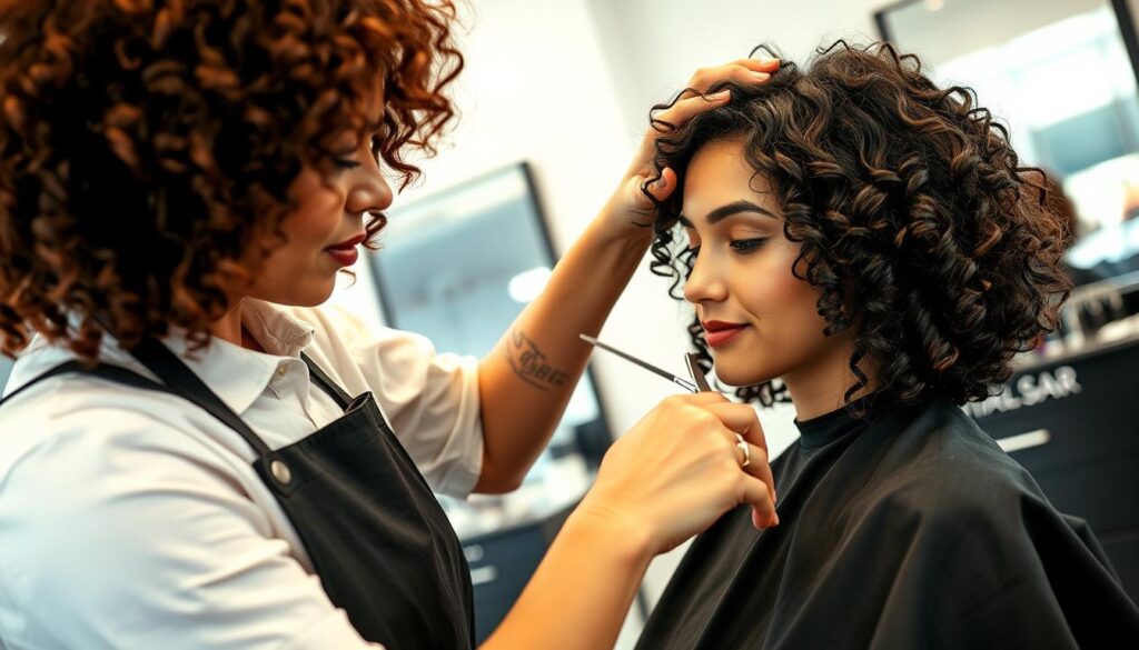 A skilled hairstylist demonstrating dry cutting techniques on curly hair, showcasing a close-up of the stylist's hands carefully shaping the curls into a modern bob haircut. The stylist is wearing professional attire, such as a black apron and a white shirt, while the client sits in a salon chair with a relaxed expression. The setting is a bright, contemporary hair salon filled with natural light, with mirrors reflecting the vibrant atmosphere. Tools like scissors and combs are neatly arranged on a nearby counter. The angle captures the precision of the haircut, emphasizing the texture of the curly hair. The mood is focused and professional, highlighting the artistry involved in cutting curly hair.
