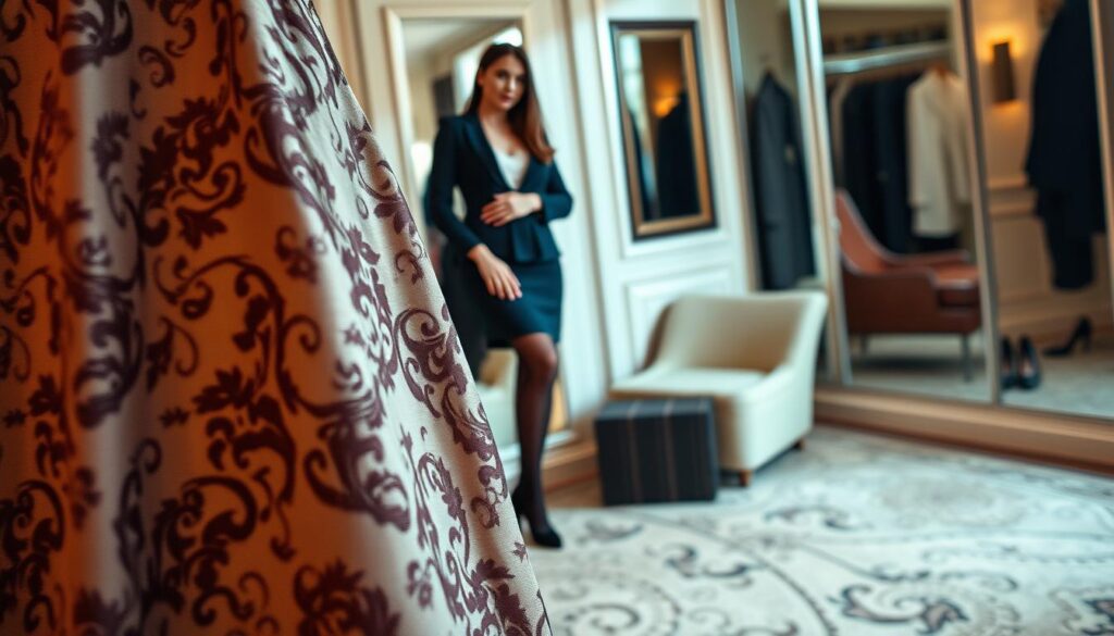 A sophisticated and elegant fashion detail featuring a beautifully designed dress paired with classic seam stockings. The foreground showcases the intricate patterns of the dress, highlighting its luxurious fabric and refined silhouette. In the middle ground, a model poses gracefully, exuding confidence while wearing chic professional attire with knee-high stockings that elegantly emphasize her legs. The background consists of a softly lit, stylish dressing room with tasteful decor, creating an intimate yet classy atmosphere. The soft, warm lighting casts gentle shadows, enhancing the textures of the fabric. The shot is angled slightly from above, capturing the elegance of the styling, while maintaining a sense of sophistication and poise, suitable for a fashion-forward article.