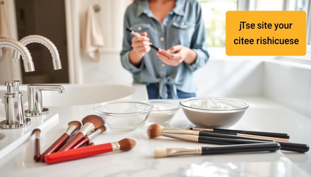 A step-by-step guide to cleaning makeup brushes, presented in a visually engaging manner. In the foreground, showcase a clean bathroom countertop with various makeup brushes laid out neatly, some being rinsed under warm running water. Include a small bowl filled with gentle soap or brush cleaner beside them. In the middle ground, a person, depicted in modest casual clothing, is using a brush to gently swirl in the soap while demonstrating the cleaning technique. The background features a well-lit bathroom setting with soft natural light filtering through a window, enhancing a fresh and clean atmosphere. The composition should feel organized and methodical, conveying a sense of calm and cleanliness throughout the process.