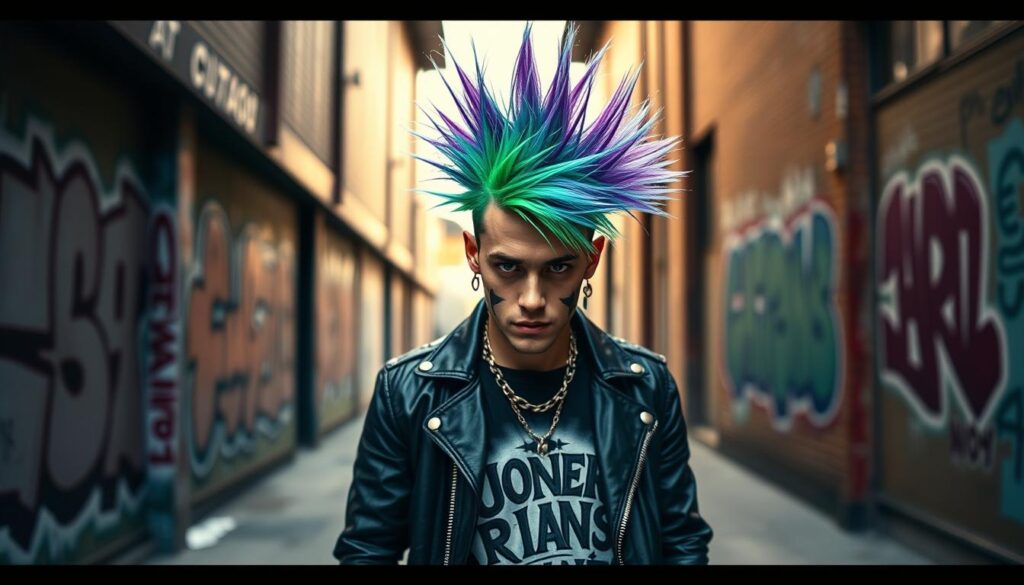 A striking image of a punk hairstyle featuring a bold mohawk, vividly colored in electric hues of green and purple, standing as a powerful symbol of rebellion and individualism. The foreground showcases a close-up of the mohawk styled with spikes, accented by edgy accessories like studs and chains. In the middle, a figure dressed in casual yet stylish punk attire, such as a leather jacket and band t-shirt, embodies the punk spirit, with a confident posture. The background features an urban environment, with graffiti-covered walls and soft, diffused daylight filtering through, creating an atmosphere of gritty authenticity. The overall mood conveys a sense of defiance and creativity, capturing the essence of punk culture, both historical and contemporary.