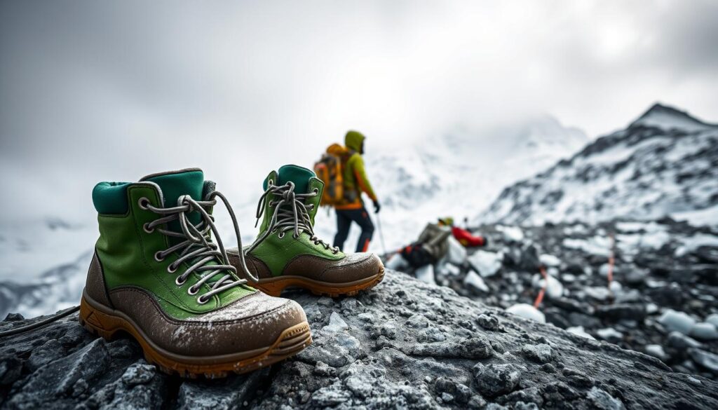 A striking scene depicting the iconic Green Boots, a pair of well-worn, vibrant green mountaineering boots resting on a rocky ledge of Mount Everest. In the foreground, the rugged boots are positioned prominently, covered in frost and dust, signifying their harsh journey. Behind them, the expansive, snow-covered slopes of Everest rise dramatically, under a moody, overcast sky that hints at impending snow. The middle ground features a faint outline of another climber, dressed in professional mountaineering gear, gazing towards the boots with a contemplative expression. The atmosphere is cold and intense, evoking the challenges faced by climbers on the world's highest peak. The lighting is soft, highlighting the textures of the boots and the surrounding ice. A slight depth of field adds focus to the boots while blurring the background, enhancing their significance in the image.