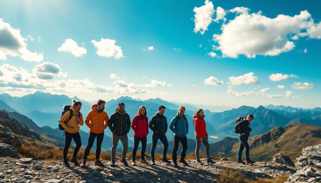 A stunning outdoor scene featuring a stylish Italian outdoor clothing brand showcasing trekking jackets. In the foreground, a diverse group of hikers dressed in modern, functional outdoor attire, including CMP jackets, stands on a rocky mountain trail, exuding a sense of adventure and exploration. The middle ground showcases a breathtaking landscape, with rugged mountains and lush valleys under a bright blue sky scattered with fluffy white clouds. Soft sunlight filters through the clouds, casting a warm glow on the scene. In the background, peaks stand majestically, hinting at the challenges and beauty of mountain treks. The overall mood is one of exhilaration and the spirit of adventure, inviting viewers to consider the outdoor clothing's functionality in real-world conditions.