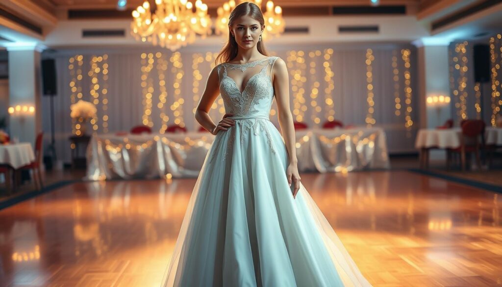 A stunning prom dress design that beautifully accentuates the female silhouette, featuring an elegant A-line shape with a fitted bodice and flowing skirt. The dress is adorned with intricate lace detailing and soft, shimmering fabric that catches the light. The model stands confidently on a dance floor, surrounded by soft, ambient lighting that creates a warm and inviting atmosphere. The focus is on the dress, highlighting its stylish neckline and flattering waistline. The background showcases a glamorous, softly blurred ballroom setting, with twinkling fairy lights enhancing the festive mood. The overall scene conveys elegance and comfort, perfect for a memorable prom night.