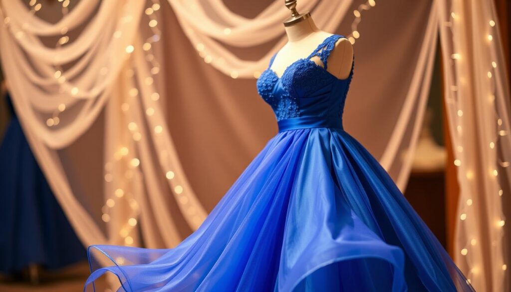 A stunning prom dress in a vibrant shade of royal blue, elegantly designed with flowing fabric that catches the light beautifully. The dress features a fitted bodice with delicate lace detailing and a full skirt that sways gracefully, perfect for dancing. In the foreground, the dress is displayed on a stylish mannequin, emphasizing its intricate design. In the middle ground, soft draping of sheer tulle creates an ethereal effect. The background is softly blurred with twinkling fairy lights, adding a magical atmosphere to the scene. The lighting is warm and inviting, capturing the shimmer and texture of the fabric. The overall mood is celebratory and enchanting, reflecting the essence of a memorable prom night.