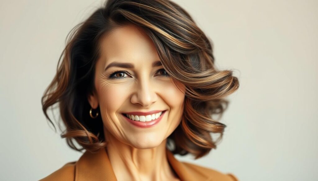 A stylish 60-year-old woman with a modern bob haircut featuring soft waves that add volume to her hair. She has a warm smile, showcasing a youthful spirit. The hairstyle flows gracefully, with gentle curls framing her face for an elegant, rejuvenating look. The composition focuses on her from the shoulders up, with soft, diffused lighting highlighting the texture and movement of her hair. A blurred, neutral-toned background creates a calming atmosphere, enhancing her features without distraction. The image captures a sense of confidence and sophistication, ideal for showcasing a chic hairstyle suitable for mature women. The woman is dressed in a tasteful, professional outfit, reflecting her polished style. A stylish 60-year-old woman with a modern bob haircut featuring soft waves that add volume to her hair. She has a warm smile, showcasing a youthful spirit. The hairstyle flows gracefully, with gentle curls framing her face for an elegant, rejuvenating look. The composition focuses on her from the shoulders up, with soft, diffused lighting highlighting the texture and movement of her hair. A blurred, neutral-toned background creates a calming atmosphere, enhancing her features without distraction. The image captures a sense of confidence and sophistication, ideal for showcasing a chic hairstyle suitable for mature women. The woman is dressed in a tasteful, professional outfit, reflecting her polished style.