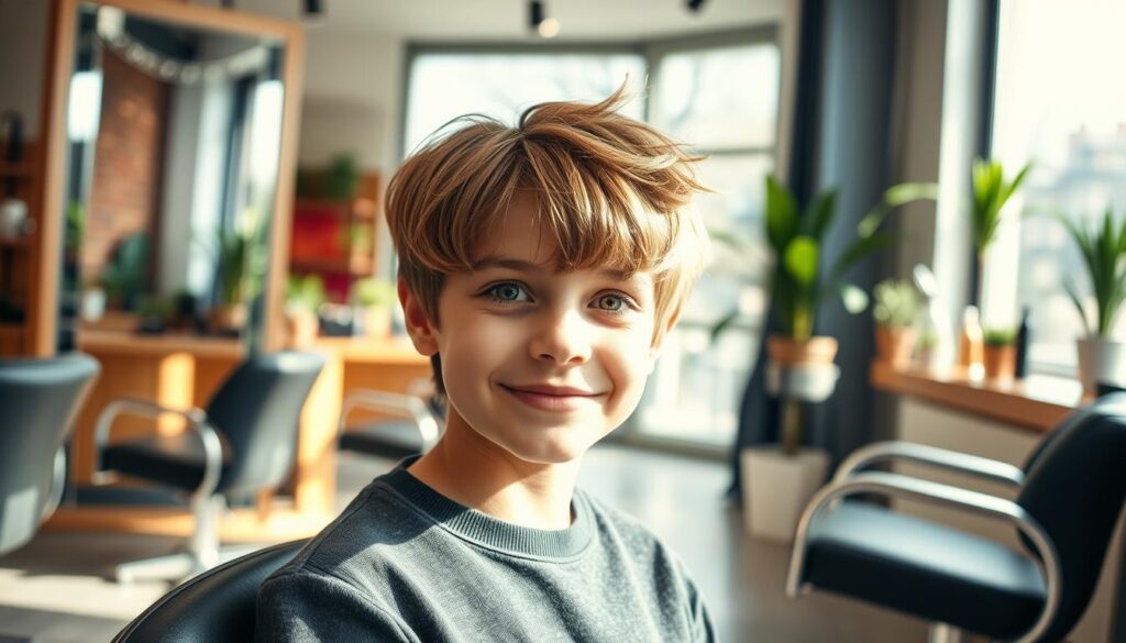 A stylish and modern hair salon scene featuring a young boy with medium-length hair styled in a trendy cut. The boy has a friendly smile and is sitting in a sleek salon chair, with natural light streaming through large windows, creating a warm and inviting atmosphere. In the foreground, the boy's hairstyle showcases layers and subtle waves, offering a contemporary look suitable for various face shapes. In the background, display mirrors reflect the vibrant yet cozy decor of the salon, adorned with plants and hair styling tools. The image is captured at eye level with a soft focus on the boy, emphasizing his hairstyle while keeping the background pleasantly blurred, creating an engaging mood that inspires confidence and creativity in boys' fashion.