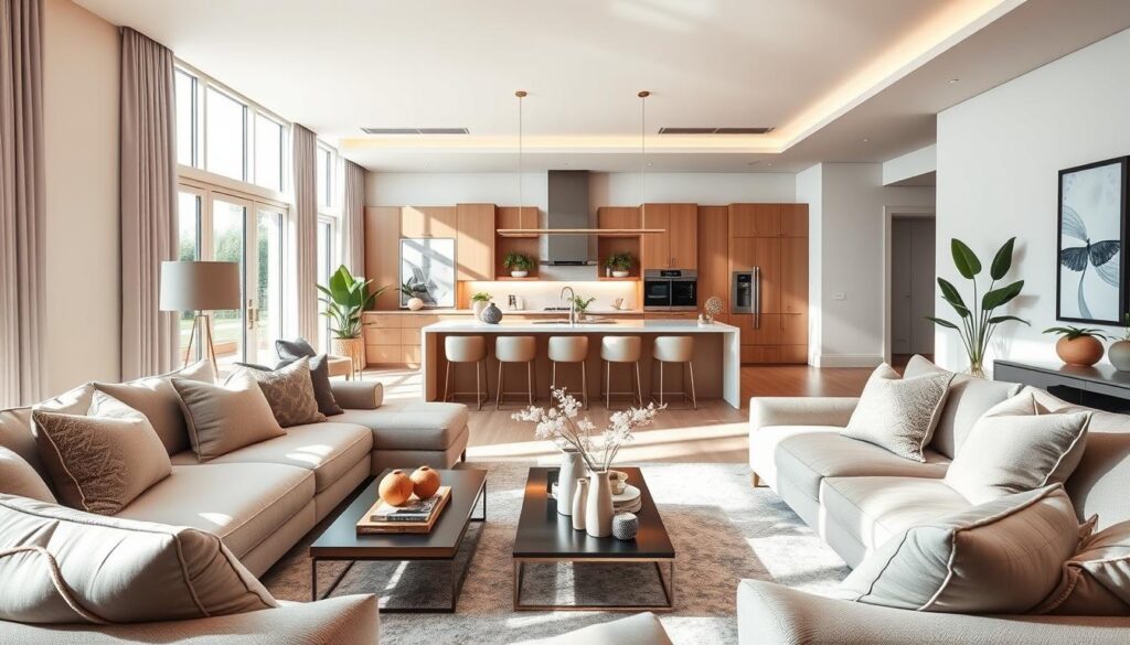 A stylish and modern living room and kitchen in Genzia's luxurious home, showcasing open-plan design. In the foreground, a comfortable yet sophisticated seating area with plush sofas, chic throw pillows, and a coffee table adorned with decorative items. The middle layer features a sleek kitchen with high-end appliances, a large island with bar stools, and elegant cabinetry. Natural light streams in through expansive windows, enhancing the vibrant color palette of soft pastels and earthy tones. In the background, tasteful wall art and indoor plants create a welcoming atmosphere. The scene is bathed in warm, soft lighting to evoke a cozy, inviting ambiance. Captured from a slightly elevated angle to showcase the spacious layout and harmonious design elements. A stylish and modern living room and kitchen in Genzia's luxurious home, showcasing open-plan design. In the foreground, a comfortable yet sophisticated seating area with plush sofas, chic throw pillows, and a coffee table adorned with decorative items. The middle layer features a sleek kitchen with high-end appliances, a large island with bar stools, and elegant cabinetry. Natural light streams in through expansive windows, enhancing the vibrant color palette of soft pastels and earthy tones. In the background, tasteful wall art and indoor plants create a welcoming atmosphere. The scene is bathed in warm, soft lighting to evoke a cozy, inviting ambiance. Captured from a slightly elevated angle to showcase the spacious layout and harmonious design elements.