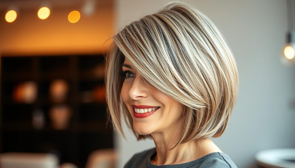 A stylish asymmetrical bob haircut featuring longer lengths in the front and a shorter back, designed for a sophisticated 60-year-old woman. The foreground showcases the hair in exquisite detail, highlighting the soft, textured layers and natural shine. The model displays a warm smile, dressed in elegant, modest casual clothing suitable for a mature audience. The background consists of a softly blurred salon environment with warm lighting, enhancing the inviting atmosphere. A gentle, professional lens creates a slight depth of field, drawing attention to the hairstyle. The overall mood is uplifting and fashionable, conveying a sense of confidence and vitality that rejuvenates the look of mature hair. A stylish asymmetrical bob haircut featuring longer lengths in the front and a shorter back, designed for a sophisticated 60-year-old woman. The foreground showcases the hair in exquisite detail, highlighting the soft, textured layers and natural shine. The model displays a warm smile, dressed in elegant, modest casual clothing suitable for a mature audience. The background consists of a softly blurred salon environment with warm lighting, enhancing the inviting atmosphere. A gentle, professional lens creates a slight depth of field, drawing attention to the hairstyle. The overall mood is uplifting and fashionable, conveying a sense of confidence and vitality that rejuvenates the look of mature hair.