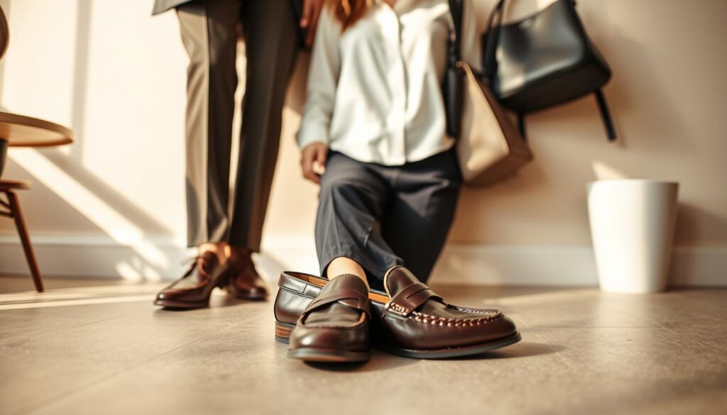 A stylish, casual outfit featuring a pair of Café Noir women's loafers as the focal point. In the foreground, the loafers are well-crafted, showcasing rich leather and unique design details. Surrounding the shoes, a coordinating ensemble includes tailored trousers, a chic blouse, and a minimalist handbag, all arranged artistically. In the middle ground, a soft, neutral-toned backdrop enhances the outfit and footwear, suggesting a cozy urban café environment. The lighting is warm and inviting, with natural sunlight filtering in, creating soft shadows. The angle is slightly above eye-level, emphasizing the shoes and the overall outfit. The atmosphere conveys a sense of everyday elegance and sophistication, ideal for blending style with comfort.