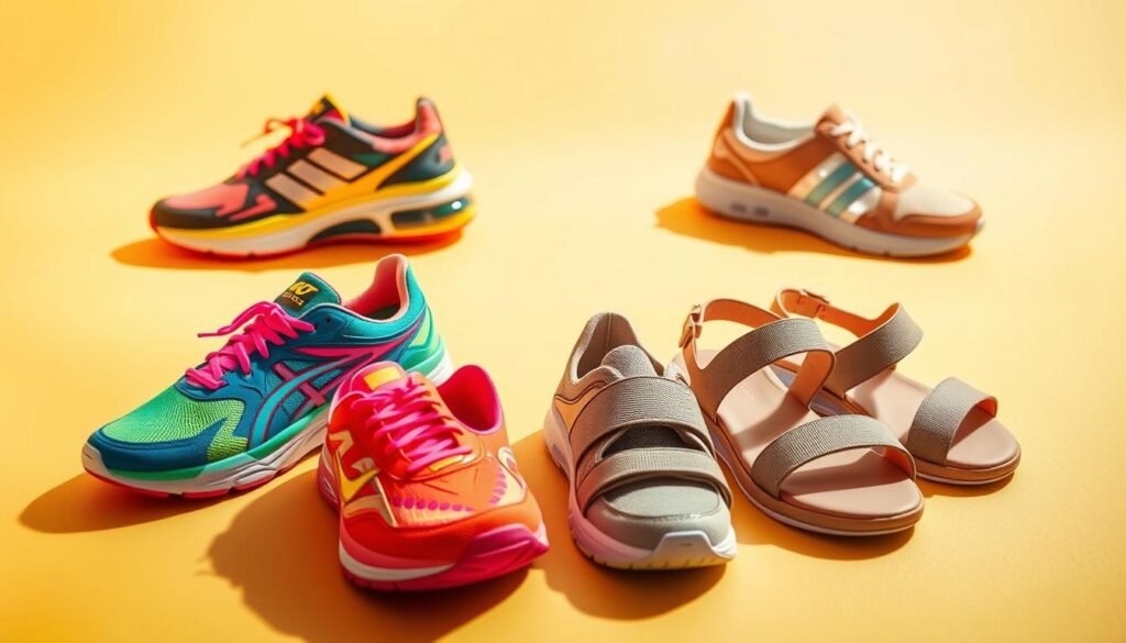 A stylish collection of athletic footwear, featuring vibrant sneakers and elegant sandals displayed prominently in the foreground. The sneakers have dynamic designs, showcasing bold colors and innovative patterns, while the sandals exhibit a sleek, sporty look with breathable materials. In the middle ground, a soft gradient background highlights the athletic theme with subtle shadows to add depth, evoking a sense of energy and activity. The lighting is bright yet warm, creating an inviting atmosphere, reminiscent of a sunny outdoor environment. The camera angle is slightly elevated, capturing the shoes from above to emphasize their unique features and craftsmanship. The overall mood should be vibrant, energetic, and sporty, appealing to an active lifestyle audience.