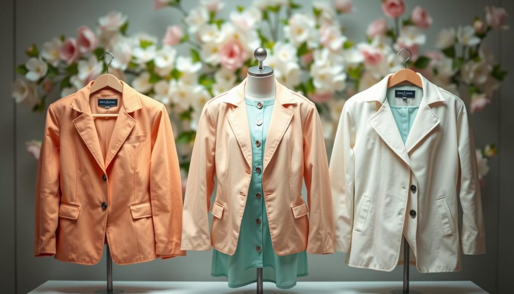 A stylish collection of jackets in soft, complementary colors that pair beautifully with a mint green dress, arranged elegantly on a simple, chic display. In the foreground, showcase a light peach blazer, a pastel coral jacket, and a gentle cream coat, each with delicate textures and subtle patterns. The middle section features a soft-focus backdrop of lush spring flowers in bloom, creating a fresh and romantic atmosphere. Bright, natural lighting enhances the colors, giving a soft glow. Use a shallow depth of field to emphasize the jackets while the background remains pleasantly blurred, evoking a breezy, warm day perfect for spring or summer outings. The overall mood should be refreshing and inviting, ideal for a vibrant seasonal look. A stylish collection of jackets in soft, complementary colors that pair beautifully with a mint green dress, arranged elegantly on a simple, chic display. In the foreground, showcase a light peach blazer, a pastel coral jacket, and a gentle cream coat, each with delicate textures and subtle patterns. The middle section features a soft-focus backdrop of lush spring flowers in bloom, creating a fresh and romantic atmosphere. Bright, natural lighting enhances the colors, giving a soft glow. Use a shallow depth of field to emphasize the jackets while the background remains pleasantly blurred, evoking a breezy, warm day perfect for spring or summer outings. The overall mood should be refreshing and inviting, ideal for a vibrant seasonal look.