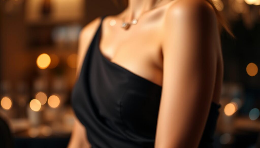 A stylish composition featuring small, elegant dangling earrings suitable for a black dress. The earrings should be showcased in the foreground, sparkling with intricate details—perhaps adorned with tiny gemstones or delicate metalwork. The middle ground should subtly include a sleek black dress elegantly draped, enhancing the earrings' charm. The background is soft and blurred, hinting at a chic evening setting, like a dimly lit upscale venue. Utilize warm, ambient lighting to create a refined atmosphere, highlighting the shine of the earrings. A shallow depth of field to focus on the jewelry will add sophistication to the overall image, evoking a sense of glamour and class fitting for an elegant occasion.
