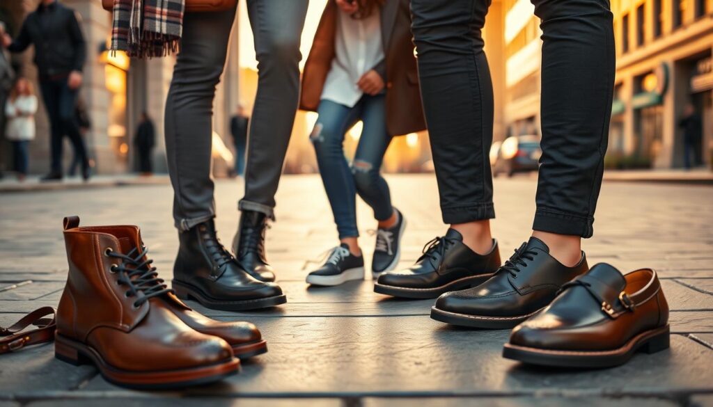 A stylish display of Bronx footwear suitable for both casual and special occasions. In the foreground, showcase a trendy pair of Bronx leather boots alongside elegant Bronx loafers, surrounded by accessories like a fashionable bag and a scarf. In the middle, depict a chic model wearing Bronx sneakers with an everyday outfit, highlighting comfort and style, paired with sleek jeans and a tailored jacket. In the background, create a soft-focus city street scene, bathed in warm, golden sunset lighting. This scene captures an atmosphere of confidence and fashion-forwardness, ideal for influencers. Use a slightly angled overhead perspective to emphasize the footwear. Ensure the models are dressed in fashionable yet professional attire, maintaining a sense of sophistication. A stylish display of Bronx footwear suitable for both casual and special occasions. In the foreground, showcase a trendy pair of Bronx leather boots alongside elegant Bronx loafers, surrounded by accessories like a fashionable bag and a scarf. In the middle, depict a chic model wearing Bronx sneakers with an everyday outfit, highlighting comfort and style, paired with sleek jeans and a tailored jacket. In the background, create a soft-focus city street scene, bathed in warm, golden sunset lighting. This scene captures an atmosphere of confidence and fashion-forwardness, ideal for influencers. Use a slightly angled overhead perspective to emphasize the footwear. Ensure the models are dressed in fashionable yet professional attire, maintaining a sense of sophistication.