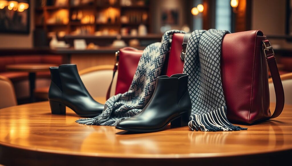 A stylish display of CafèNoir clothing and accessories, featuring elegant footwear and chic handbags on a polished wooden table. The foreground highlights a pair of sophisticated black leather ankle boots with a slim heel, while next to them, a trendy crossbody bag in rich burgundy leather adds a pop of color. In the middle ground, a finely knit scarf drapes casually across the table, adorned with intricate patterns that reflect Italian craftsmanship. The background is softly blurred, showcasing a tastefully decorated café with warm ambient lighting, creating an inviting atmosphere. The image captures a fusion of modern elegance and classic Italian style, evoking a sense of luxury and sophistication in fashion accessories.