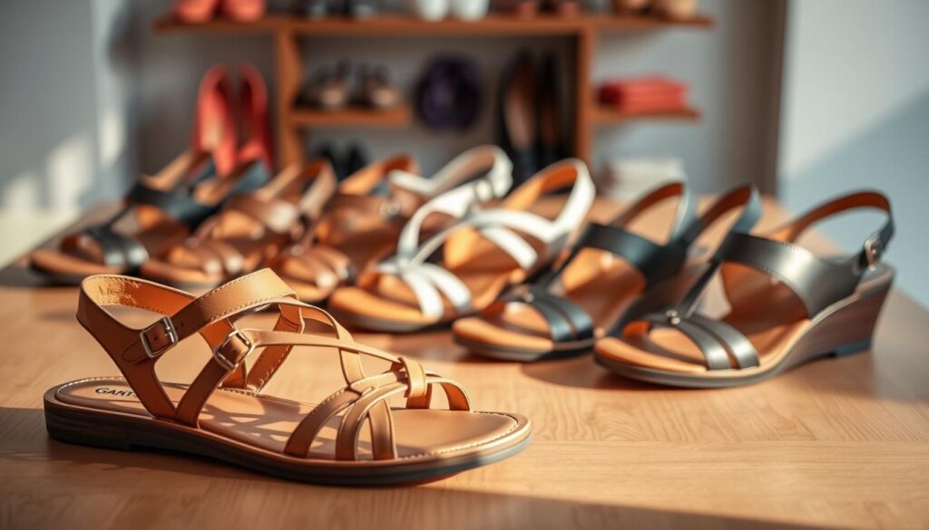 A stylish display of Ganter footwear focusing on women's sandals, arranged on a simple wooden surface. The foreground features a pair of elegant Ganter sandals, highlighting the intricate strap design and orthopedic support features. In the middle, additional models are artfully arranged, with various colors and styles, showcasing the brand's versatility in healthy footwear. Soft, natural lighting illuminates the sandals, creating gentle shadows that emphasize their shape and details. The background features a blurred selection of tasteful display elements, enhancing the focus on the shoes. The overall mood is warm and inviting, conveying a sense of comfort and wellness associated with Ganter footwear.
