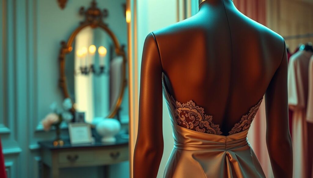 A stylish, elegant strapless bra designed for backless dresses, prominently displayed on a sleek mannequin. The bra features intricate lace details and a smooth finish, seamlessly blending with a flowing, deep-cut evening gown showcased beside it. The scene is warmly lit to create a sophisticated atmosphere, with soft shadows enhancing the textures of the fabric. The background includes a subtle, blurred view of a chic dressing room setting, adorned with soft pastel colors and elegant décor, adding to the overall mood. The angle captures the essence of fashion-forward choices, ideal for exploring garment compatibility without any explicit details. The image should evoke a sense of elegance and style, perfect for a fashion-oriented context.