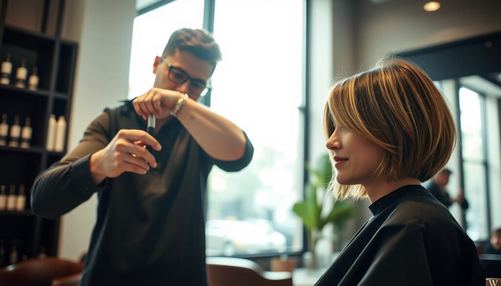 A stylish hair salon setting, focused on a professional hairstylist giving a tailored haircut to a client. The hairstylist is wearing smart casual attire, showcasing technique with precision. The client has a modern, textured bob haircut that appears perfectly blended and stylish, emphasizing different lengths to match personal style. Soft, natural lighting filters through large windows, creating a warm ambiance. In the background, shelves are lined with elegant hair care products and a large mirror reflects the atmosphere. The angle captures the intimacy of the salon experience, highlighting the hairstylist's keen eye for detail and the client’s satisfaction. The scene evokes a feeling of professionalism, creativity, and transformation.
