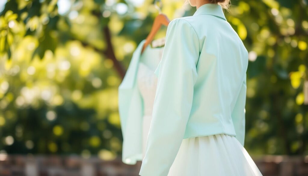 A stylish light mint wedding dress complemented by a romantic, tailored pastel jacket, exuding an elegant and fresh vibe perfect for spring and summer. In the foreground, the jacket is draped gracefully over the dress, showcasing its gentle fabric and delicate embellishments. The middle ground features a serene outdoor setting with soft, diffused sunlight filtering through lush foliage, creating a dreamy atmosphere. A blurred bokeh effect enhances the background, emphasizing the beauty of the ensemble. The overall mood is uplifting and refreshing, ideal for a joyful wedding celebration. The image captures the harmony between the jacket and the mint dress, enticing viewers to envision this chic combination for a special occasion. A stylish light mint wedding dress complemented by a romantic, tailored pastel jacket, exuding an elegant and fresh vibe perfect for spring and summer. In the foreground, the jacket is draped gracefully over the dress, showcasing its gentle fabric and delicate embellishments. The middle ground features a serene outdoor setting with soft, diffused sunlight filtering through lush foliage, creating a dreamy atmosphere. A blurred bokeh effect enhances the background, emphasizing the beauty of the ensemble. The overall mood is uplifting and refreshing, ideal for a joyful wedding celebration. The image captures the harmony between the jacket and the mint dress, enticing viewers to envision this chic combination for a special occasion.
