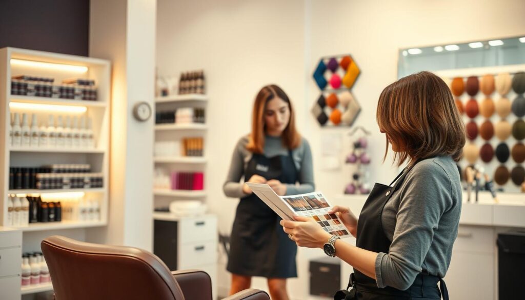 A stylish, modern hair salon interior buzzing with creativity. In the foreground, a well-groomed woman is seated in a salon chair, discussing her hair with a professional hairstylist. She has shoulder-length, fine hair and is wearing casual yet elegant attire, conveying a sense of sophistication. The stylist, dressed in a chic black apron, is attentively showing her a color palette and discussing options for a layered long bob hairstyle. In the middle ground, shelves filled with hair products are neatly organized, and a large mirror reflects soft, warm lighting, creating a welcoming atmosphere. In the background, colorful hair dye swatches hang on the wall, enhancing the professional yet relaxed mood of the salon. The image captures the essence of a thoughtful consultation before a haircut, focusing on communication and personal style.