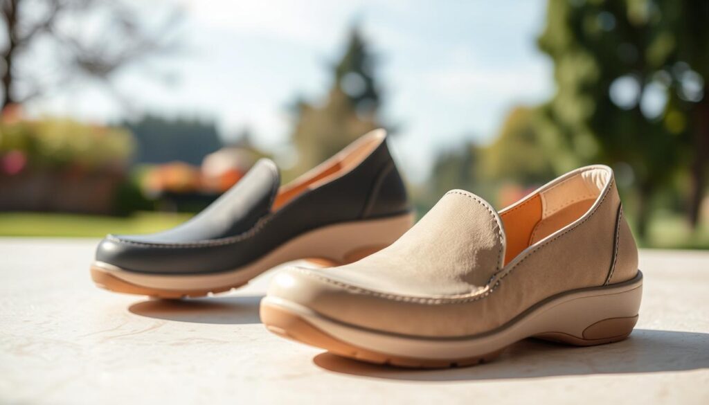 A stylish pair of Ara shoes designed for sensitive feet, showcasing their elegance and comfort. The shoes are placed on a smooth, light-colored surface with soft natural lighting that highlights their textures. In the background, a blurred image of a serene outdoor setting, like a park or garden, evokes a sense of tranquility. The focus is sharp on the shoes, capturing fine details such as the stitching, cushioning, and unique design elements that cater to comfort without sacrificing style. The mood is relaxed and inviting, suggesting these shoes are perfect for a leisurely walk or casual outing. The angle is slightly tilted to create visually interesting composition, emphasizing the shoes' contours and elegant lines.