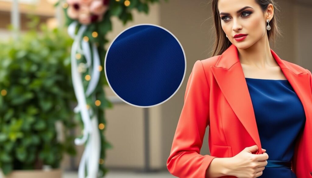 A stylish tailored jacket in a vibrant, contrasting color suited for a wedding outfit paired with a deep blue dress. The jacket is open, revealing elegant details and a sophisticated cut, perfectly complementing the rich chabrowa hue of the dress. In the foreground, a model in a graceful pose showcases the ensemble, wearing tasteful makeup and minimal jewelry, conveying elegance. The middle layer features a soft focus on the fabric texture of the jacket, highlighting its quality. The background includes a softly blurred outdoor wedding setting with greenery and delicate fairy lights, creating a romantic atmosphere. Soft, natural lighting enhances the outfit's colors and details, while a slight low angle captures the full look and lends a sense of grandeur to the image.