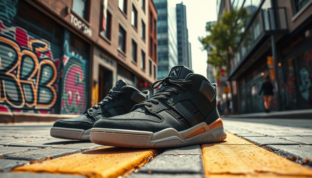 A stylish urban scene featuring Togoshi sneakers showcased prominently in the foreground, highlighting their unique design and intricate details. The sneakers are set against a backdrop of a vibrant city street, with graffiti and modern buildings enhancing the streetwear aesthetic. Soft, natural lighting creates a welcoming atmosphere, illuminating the textures of the sneakers and surrounding environment. The camera angle is slightly low, emphasizing the footwear's appeal while capturing the dynamic urban setting. The mood is energetic and youthful, reflecting the essence of street culture. Bright colors contrast with the urban landscape, inviting attention to the sneakers as the focal point of the image, without any text or distractions.