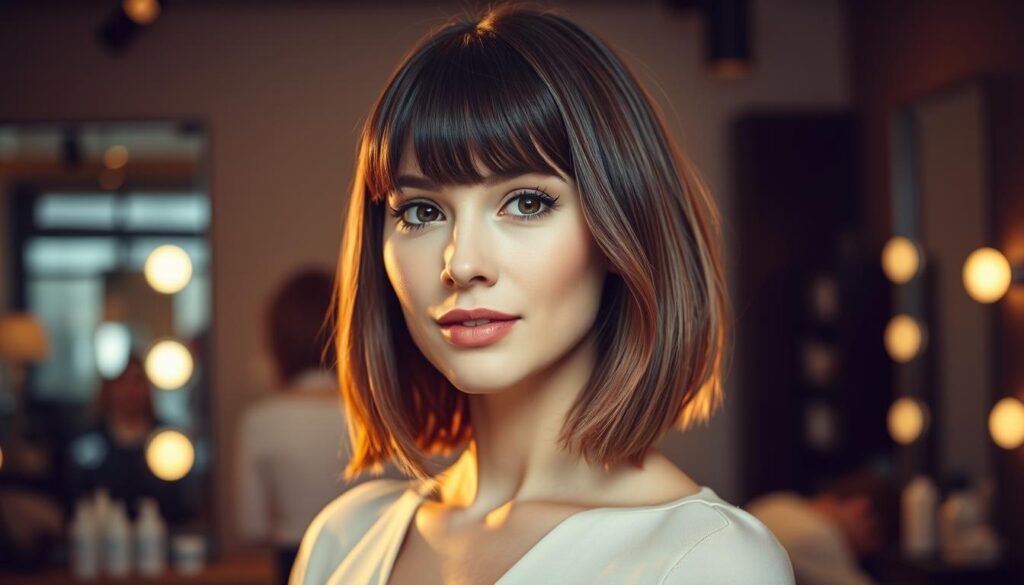 A stylish woman with medium-length hair, elegantly styled with a flattering fringe that accentuates her facial features. She stands in a softly lit, modern salon setting, with mirrors and hair products subtly visible in the background. The focus is on her face, highlighting the way her bangs frame her eyes and soften her jawline. The lighting is warm and inviting, creating a pleasant atmosphere. Capture the hair's texture, showcasing sleekness and shine as well as the subtle waves at the ends. Use a portrait angle, ensuring her expression is confident yet approachable, reflecting the transformative power of a well-styled haircut tailored to enhance her natural beauty.