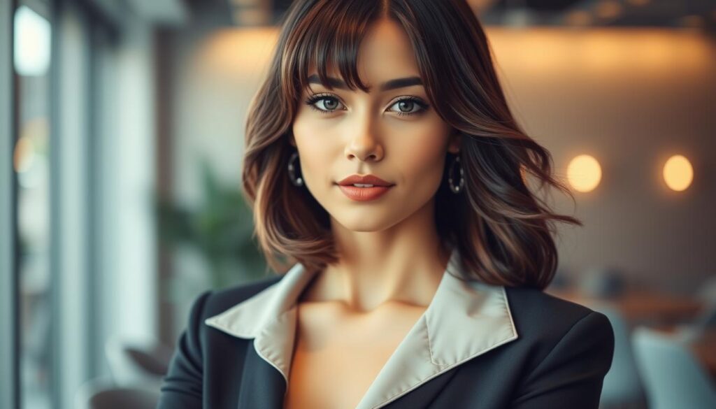 A stylish woman with shoulder-length hair and soft bangs framing her face, exuding confidence and allure. The hair has a glossy finish, flowing gently with slight waves, adding volume and depth. She is wearing a sophisticated, tailored top suitable for a professional setting, with a neutral palette that enhances her features. The background features a softly blurred modern office interior, with warm, inviting lighting that highlights her hair and face, creating an intimate atmosphere. The image is captured from a slightly elevated angle to emphasize her hairstyle while maintaining a focus on her confident expression. The overall mood is chic and refined, encapsulating elegance and femininity.