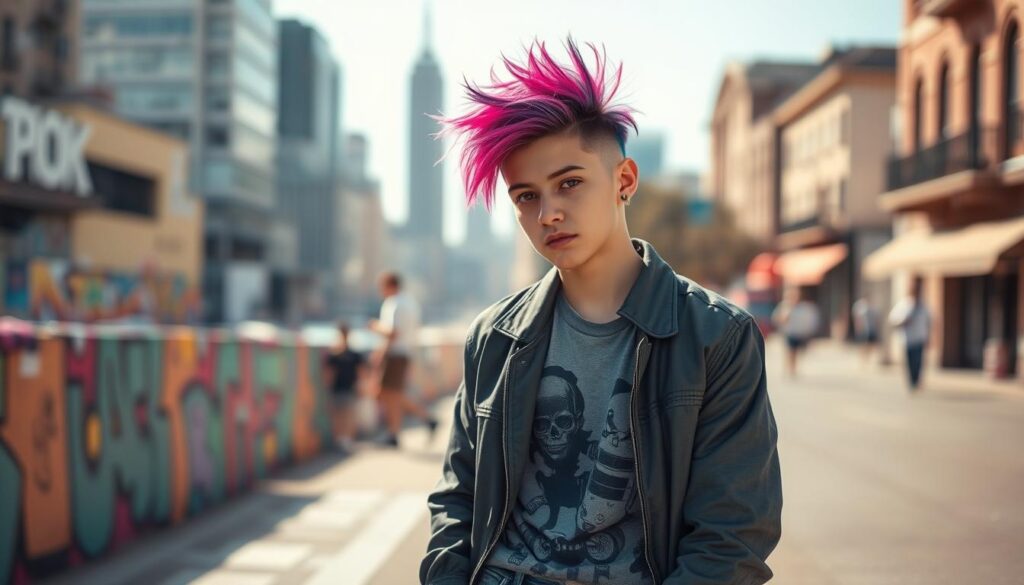 A stylish young individual with an Iroquois haircut, showcasing a modern punk aesthetic. They are dressed in smart casual attire, such as fitted jeans and a graphic tee layered under a casual jacket, exuding confidence and individuality. The foreground features the subject standing in an urban setting, perhaps leaning against a colorful graffiti wall. In the middle ground, we see a cityscape with blurred outlines of buildings and bustling street life to create context. The background reflects a sunny day, with soft, warm lighting accentuating the vivid hair colors of the Iroquois style, which are spiked and vibrant. The mood is upbeat and energetic, capturing the essence of contemporary punk culture.