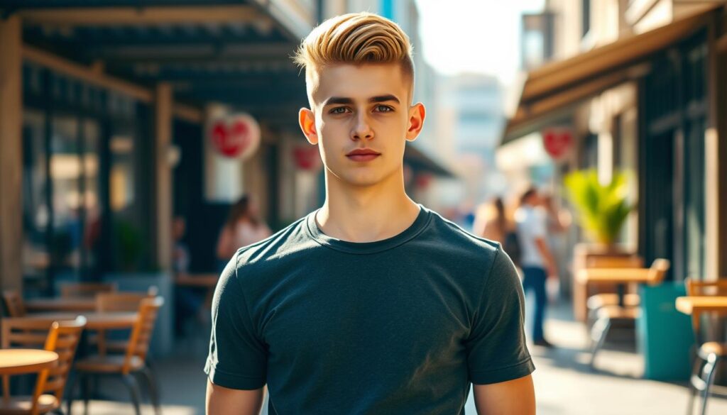 A stylish young male model with a fresh fade haircut and a french crop stands confidently in the foreground, showcasing the practicality and trendiness of this modern hairstyle. He wears a casual but fashionable outfit, consisting of a fitted graphic t-shirt and well-fitted jeans. The middle background features an urban setting, perhaps a lively street or a trendy café, capturing a youthful and dynamic atmosphere. The lighting is warm and natural, with soft sunlight illuminating the model’s hair to emphasize the texture of the fade and the crop. A slight depth of field blurs the background, drawing attention to the model and his hairstyle. The overall mood is vibrant, fresh, and engaging, ideal for showcasing everyday hairstyles that are both practical and stylish.