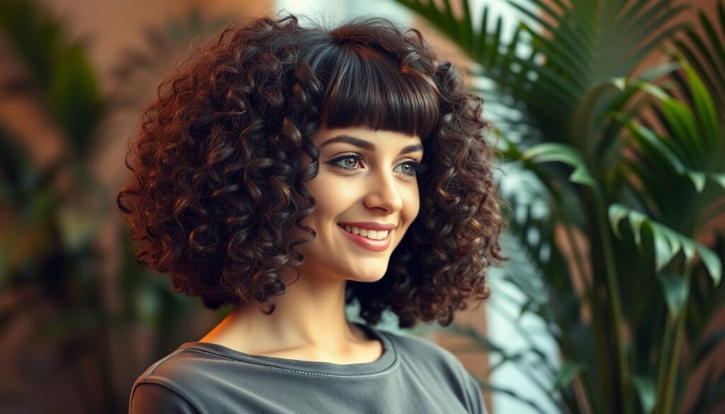A stylish young woman with curly hair, featuring a chic bob cut enhanced by a soft fringe (bangs), is in focus. Her hair is voluminous and well-defined, showcasing the beauty of natural curls framing her face elegantly. The scene is warmly lit, with soft, diffused natural light highlighting the texture of her hair. She is dressed in a trendy, modest outfit that complements her look, smiling gently while facing slightly to the side, as if caught in a candid moment. The background features a blurred, lush indoor plant setting that adds a touch of freshness and vibrancy, enhancing the overall light and airy mood. The image captures the essence of effortless beauty and sophistication, emphasizing the harmony between the curly bob and fringe.