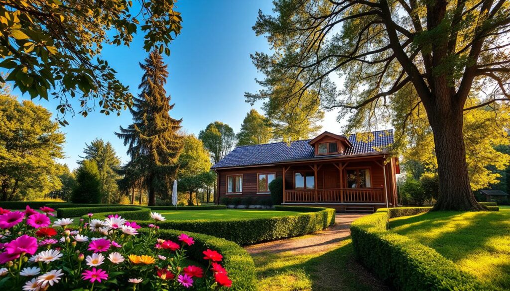 A tranquil view of a charming house in Puszczykowo, surrounded by lush greenery and vibrant flowers. In the foreground, a well-kept garden with colorful blooms and neatly trimmed hedges invites the viewer. The middle ground features the inviting facade of a cozy home with large windows, a wooden porch, and a rustic design, blending harmoniously with nature. In the background, tall trees gently sway in the breeze under a clear blue sky. Soft, warm sunlight filters through the leaves, casting dappled shadows on the ground, creating a serene atmosphere. The scene captures the essence of a peaceful retreat, reflecting the beauty of the Puszczykowo landscape, evoking a sense of harmony and tranquility.