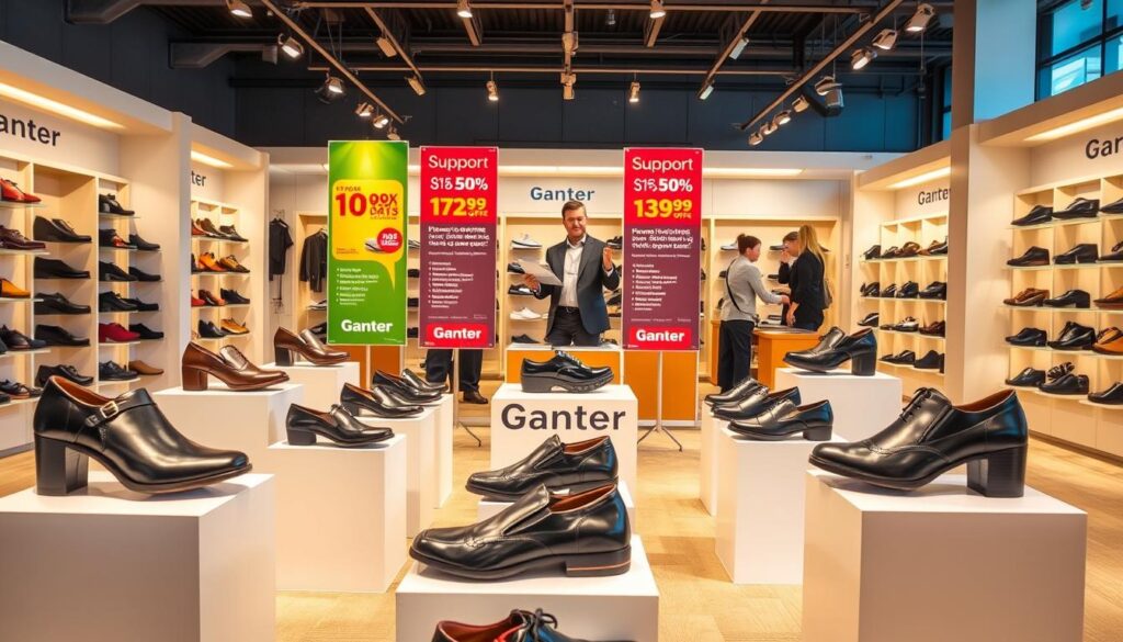 A vibrant display of Ganter shoes showcased in a well-lit, inviting retail environment. The foreground features a selection of stylish, orthopedic footwear on elegant pedestals, highlighting their attractive designs and high-quality materials. In the middle ground, a neatly arranged promotional section with colorful banners advertising current discounts and special offers, creating an eye-catching focal point. The background portrays a bright, spacious store interior with soft, warm lighting that enhances the inviting atmosphere. An enthusiastic sales associate, dressed in professional attire, engages with a customer, showcasing the supportive nature of the shoes. The entire scene conveys a sense of accessibility, comfort, and appeal, illustrating the prices and availability of Ganter footwear while maintaining a friendly, welcoming mood.