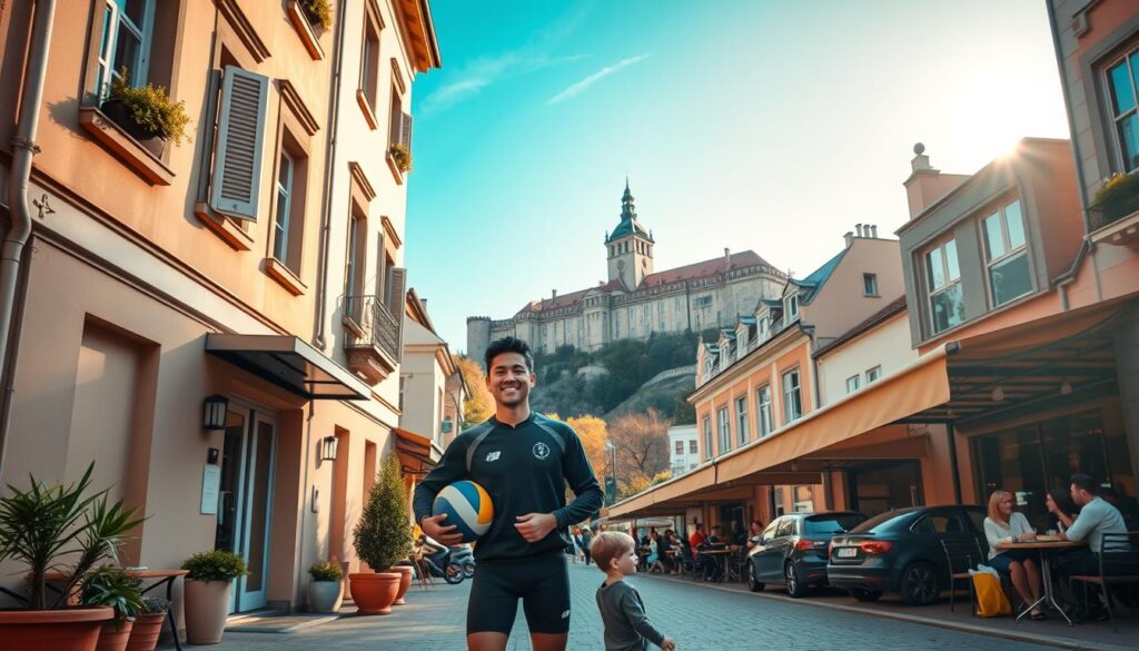 A vibrant scene of Lublin, Poland, showcasing its charming streets and elegant architecture, embodying the life of a volleyball player. In the foreground, a modest yet stylish apartment building, with a welcoming front entrance adorned with potted plants. A young athletic man in professional sportswear, representing Wilfredo Leon, stands near the entrance with a volleyball tucked under his arm, smiling as he interacts with a nearby child playing with a ball. In the middle ground, lively cafés with outdoor seating are bustling with families and friends enjoying the afternoon sun, creating a warm, inviting atmosphere. The background features the historic Lublin Castle under a bright blue sky, with soft, golden lighting that enhances the lively mood. The perspective is slightly elevated, capturing the essence of community life in this beautiful city.